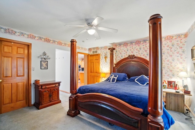 415 Yencer St, Baltimore, OH 43105 - bedroom featuring light colored carpet, wallpapered walls, and ceiling fan