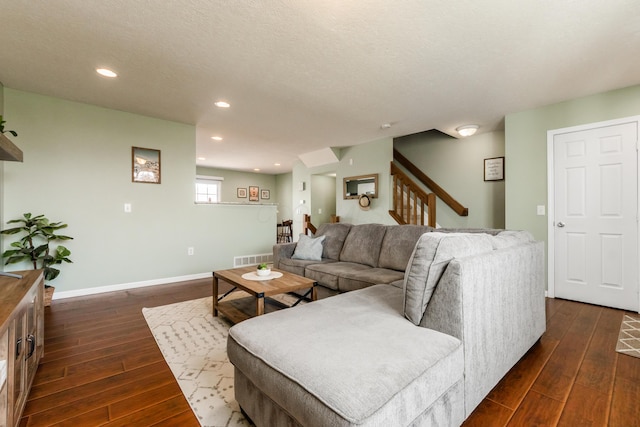 5958 Central College Rd, New Albany, OH 43054 - living room with dark wood finished floors, stairs, recessed lighting, and baseboards
