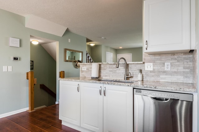 5958 Central College Rd, New Albany, OH 43054 - kitchen with dishwasher, a sink, dark wood-style floors, tasteful backsplash, and white cabinets