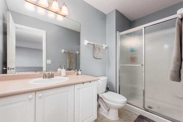 5958 Central College Rd, New Albany, OH 43054 - full bath featuring a stall shower, toilet, vanity, and tile patterned flooring