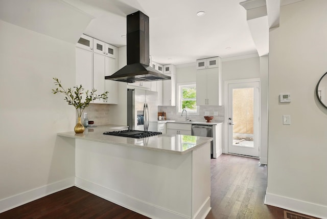 436 W 2nd Ave, Columbus, OH 43201 - kitchen featuring appliances with stainless steel finishes, island exhaust hood, tasteful backsplash, a sink, and dark wood-style flooring