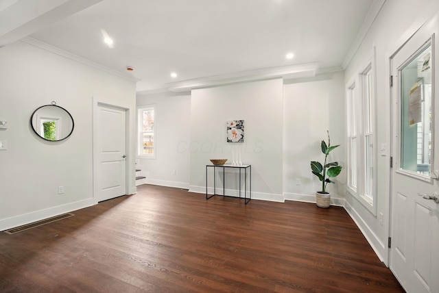 436 W 2nd Ave, Columbus, OH 43201 - foyer with ornamental molding, dark wood-type flooring, baseboards, and recessed lighting