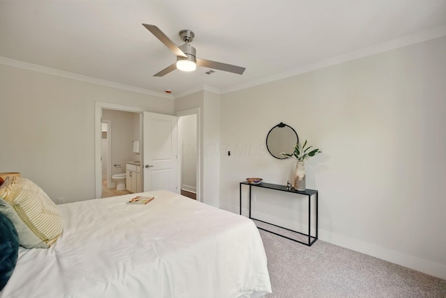 436 W 2nd Ave, Columbus, OH 43201 - bedroom featuring crown molding, light carpet, ensuite bathroom, baseboards, and a ceiling fan