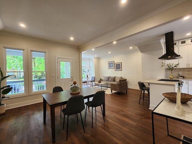 436 W 2nd Ave, Columbus, OH 43201 - dining room featuring ornamental molding, dark wood-style flooring, baseboards, and recessed lighting