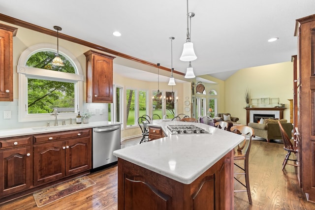 5098 Cascade Dr, Powell, OH 43065 - kitchen with appliances with stainless steel finishes, a sink, a breakfast bar area, a kitchen island, and healthy amount of natural light