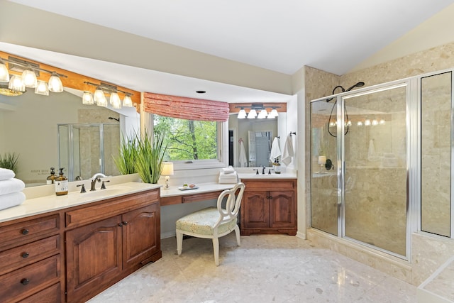 5098 Cascade Dr, Powell, OH 43065 - bathroom with a shower stall, vaulted ceiling, and vanity