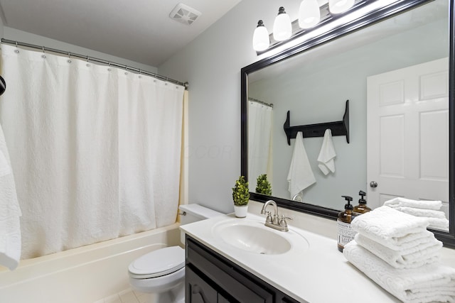 5098 Cascade Dr, Powell, OH 43065 - bathroom featuring vanity, toilet, shower / tub combo, and tile patterned flooring