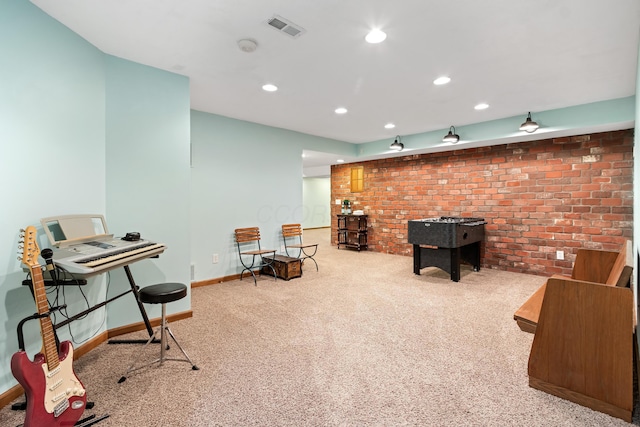 5098 Cascade Dr, Powell, OH 43065 - living area featuring carpet, recessed lighting, baseboards, and brick wall