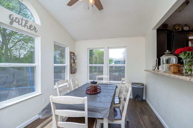 447 Wingate Pl, Mount Sterling, OH 43143 - dining area with dark wood-type flooring, a ceiling fan, baseboards, and vaulted ceiling