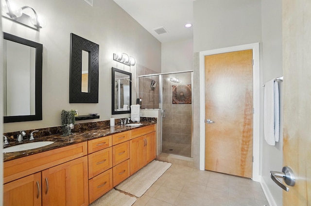 300 W Spring St Unit 515, Columbus, OH 43215 - full bath with tile patterned flooring, double vanity, and a stall shower