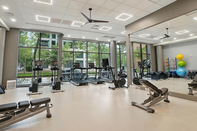 300 W Spring St Unit 515, Columbus, OH 43215 - exercise room with ceiling fan and expansive windows