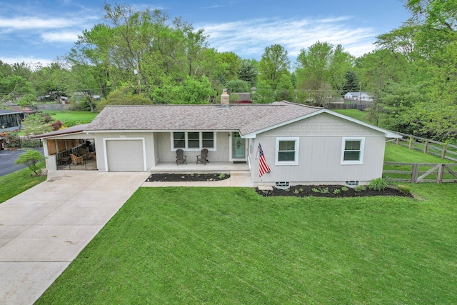 6641 Charles Rd, Westerville, OH 43082 - single story home with covered porch, a garage, driveway, a shingled roof, and a chimney