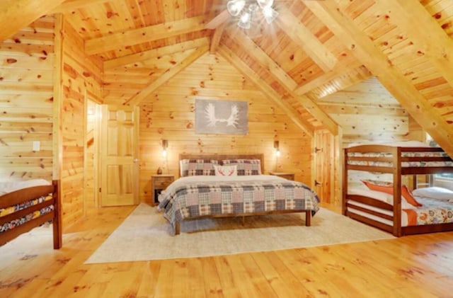 820 Pump Station Rd SE, Sugar Grove, OH 43155 - bedroom with wood ceiling, wood-type flooring, and wooden walls