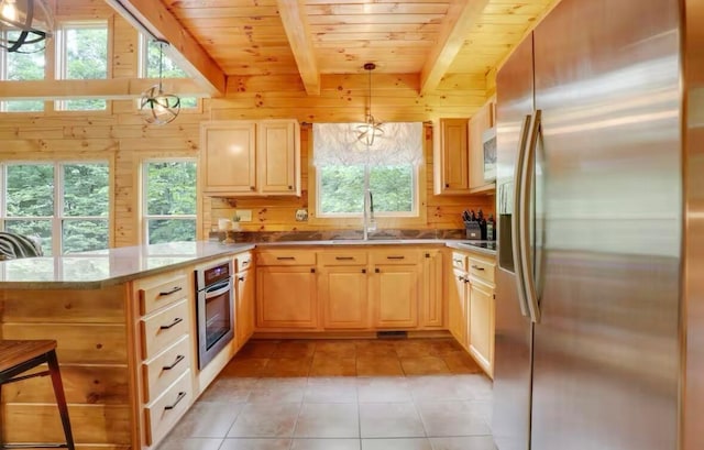 820 Pump Station Rd SE, Sugar Grove, OH 43155 - kitchen with stainless steel appliances, wood ceiling, light brown cabinets, beam ceiling, and a peninsula