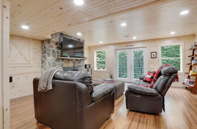 820 Pump Station Rd SE, Sugar Grove, OH 43155 - living room with wood ceiling, wood finished floors, recessed lighting, french doors, and wood walls