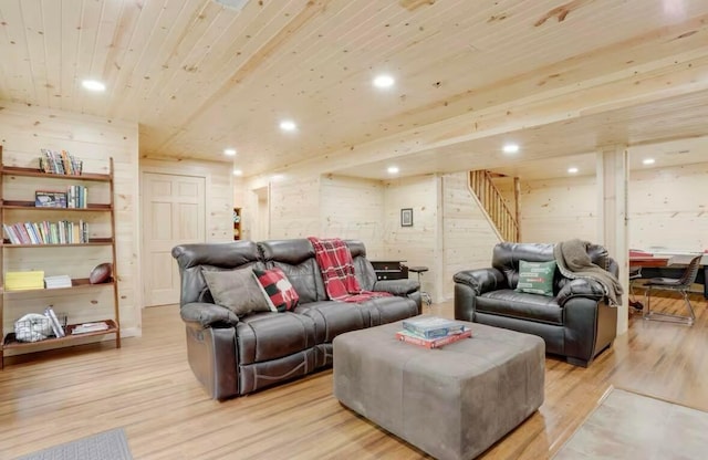 820 Pump Station Rd SE, Sugar Grove, OH 43155 - living area with stairs, light wood-style floors, recessed lighting, and wood ceiling