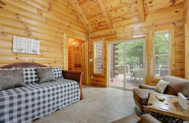 820 Pump Station Rd SE, Sugar Grove, OH 43155 - tiled bedroom with wooden ceiling, access to exterior, and wood walls