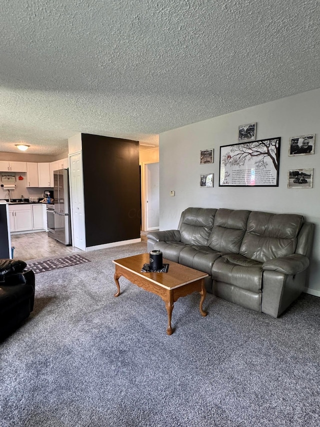 965 Bikini Dr, Marion, OH 43302 - living room featuring a textured ceiling, light colored carpet, and baseboards