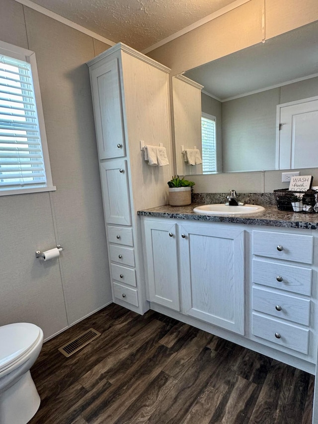 bathroom featuring crown molding, wood finished floors, vanity, toilet, and a textured ceiling