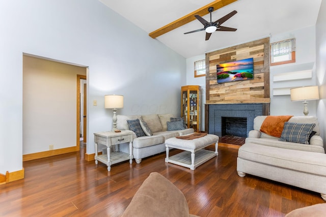 200 Park Ave, New Lexington, OH 43764 - living room with high vaulted ceiling, a ceiling fan, a fireplace, beam ceiling, and wood finished floors