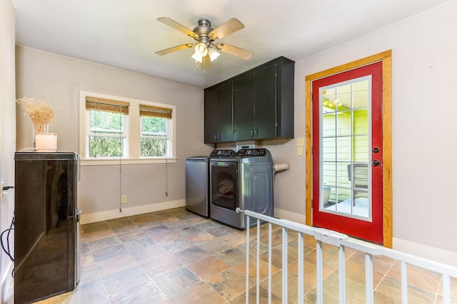 200 Park Ave, New Lexington, OH 43764 - clothes washing area featuring cabinet space, independent washer and dryer, baseboards, and ceiling fan