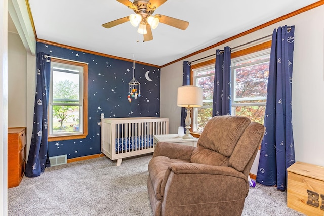 200 Park Ave, New Lexington, OH 43764 - carpeted bedroom with crown molding, baseboards, and a ceiling fan