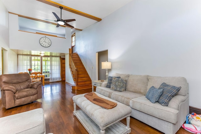 200 Park Ave, New Lexington, OH 43764 - living room with a ceiling fan, stairway, wood finished floors, and a high ceiling