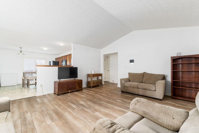 living room featuring light wood-type flooring and vaulted ceiling