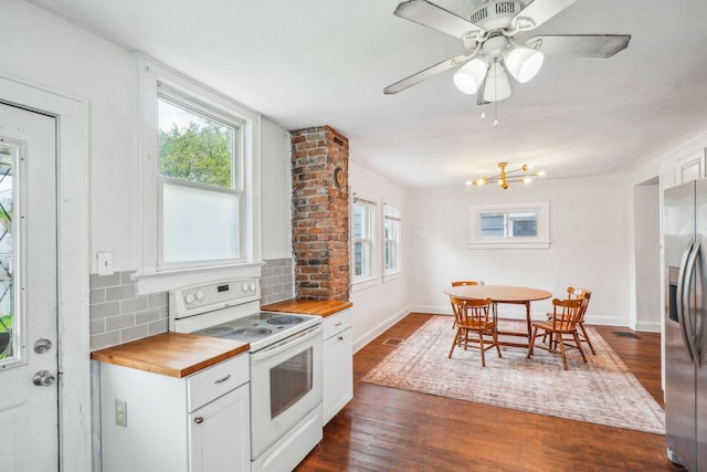 1066 Kelton Ave, Columbus, OH 43206 - kitchen with wooden counters, white electric range, stainless steel refrigerator with ice dispenser, and plenty of natural light