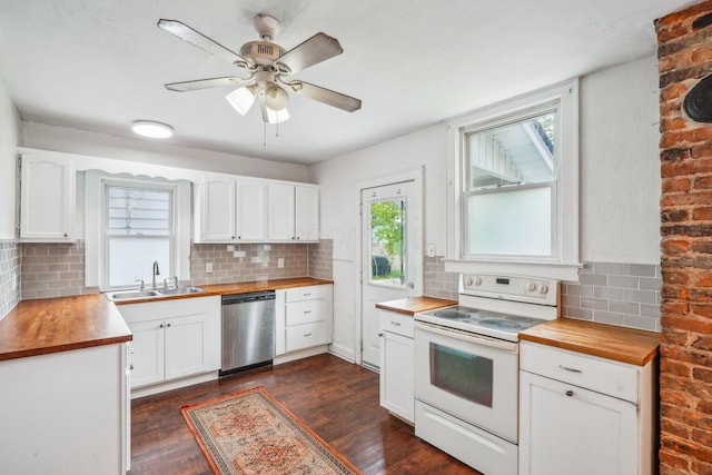 1066 Kelton Ave, Columbus, OH 43206 - kitchen featuring butcher block countertops, stainless steel dishwasher, white range with electric cooktop, a sink, and backsplash