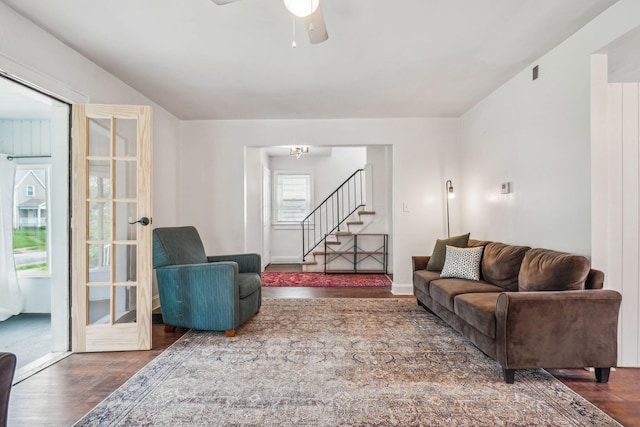 1066 Kelton Ave, Columbus, OH 43206 - living area featuring wood finished floors, stairs, and ceiling fan