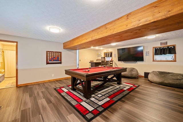 7684 Stout Rd, Circleville, OH 43113 - game room featuring billiards, baseboards, wood finished floors, bar, and a textured ceiling