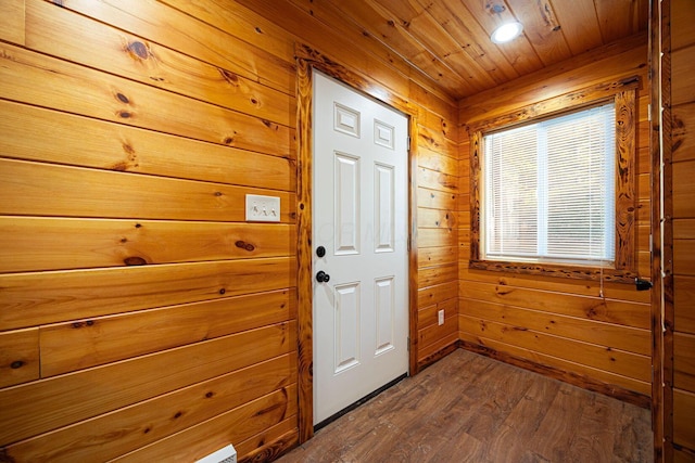 34047 W Buckingham Rd, Logan, OH 43138 - doorway featuring wooden ceiling, dark wood-type flooring, and wood walls
