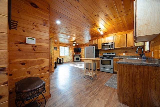 34047 W Buckingham Rd, Logan, OH 43138 - kitchen featuring appliances with stainless steel finishes, a sink, wooden ceiling, wood finished floors, and wooden walls