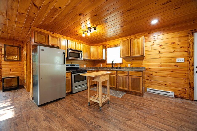 34047 W Buckingham Rd, Logan, OH 43138 - kitchen featuring appliances with stainless steel finishes, a baseboard heating unit, wood ceiling, a sink, and dark wood-style floors