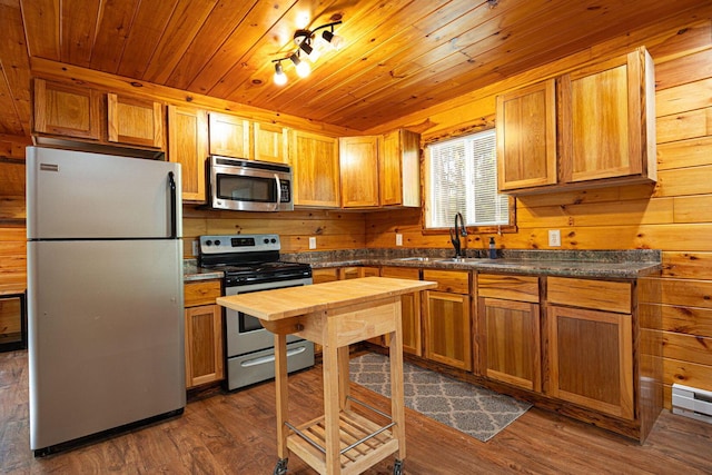 34047 W Buckingham Rd, Logan, OH 43138 - kitchen featuring stainless steel appliances, wooden ceiling, wooden counters, dark wood-style flooring, and a sink