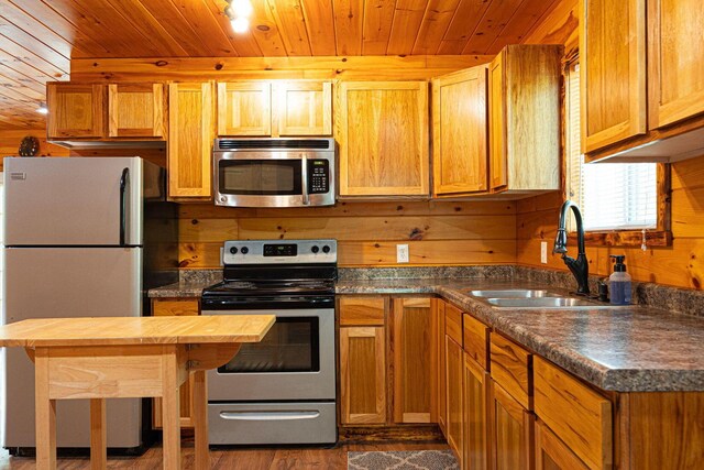 34047 W Buckingham Rd, Logan, OH 43138 - kitchen with stainless steel appliances, a sink, wood ceiling, wood counters, and dark wood-style flooring