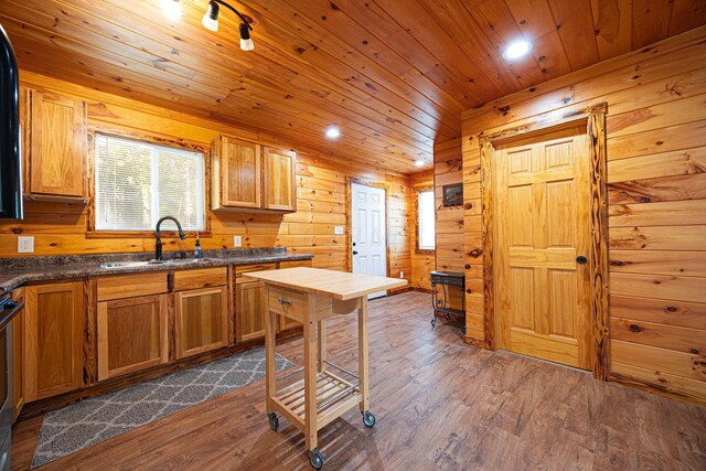 34047 W Buckingham Rd, Logan, OH 43138 - kitchen with a sink, wooden ceiling, dark wood-type flooring, wooden walls, and dark countertops