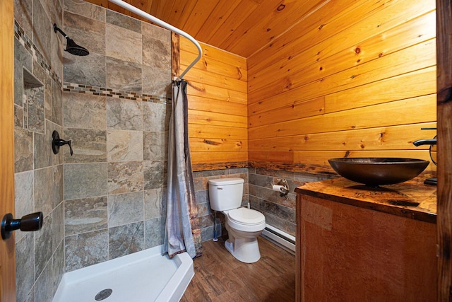 34047 W Buckingham Rd, Logan, OH 43138 - full bath featuring a stall shower, toilet, wooden ceiling, vanity, and wood finished floors