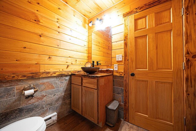 34047 W Buckingham Rd, Logan, OH 43138 - half bathroom with vanity, toilet, wood finished floors, baseboard heating, and wooden walls