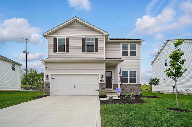4410 Holstein Dr, Columbus, OH 43207 - view of front facade with a garage, driveway, a front lawn, and stone siding