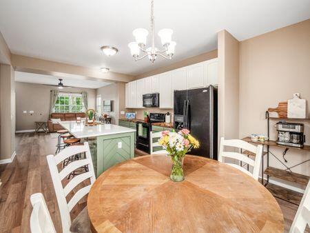 592 Summer Tree Loop, Marysville, OH 43040 - dining area featuring a chandelier, wood finished floors, a ceiling fan, and baseboards