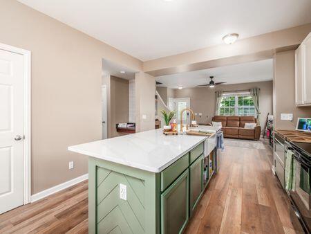 592 Summer Tree Loop, Marysville, OH 43040 - kitchen with green cabinetry, light wood-style floors, electric range, ceiling fan, and an island with sink