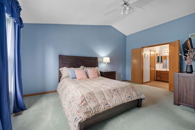 5524 Rushden Dr, Columbus, OH 43230 - bedroom featuring carpet flooring, lofted ceiling, ceiling fan, and connected bathroom