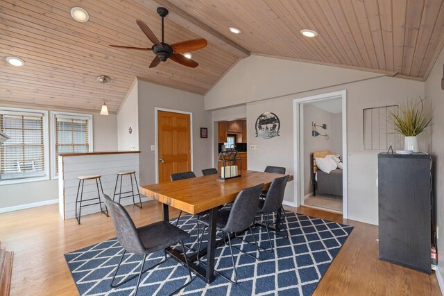 dining area featuring lofted ceiling, wooden ceiling, wood finished floors, a ceiling fan, and baseboards
