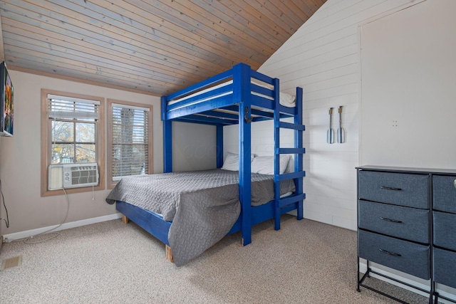 bedroom with cooling unit, wood ceiling, lofted ceiling, and carpet flooring