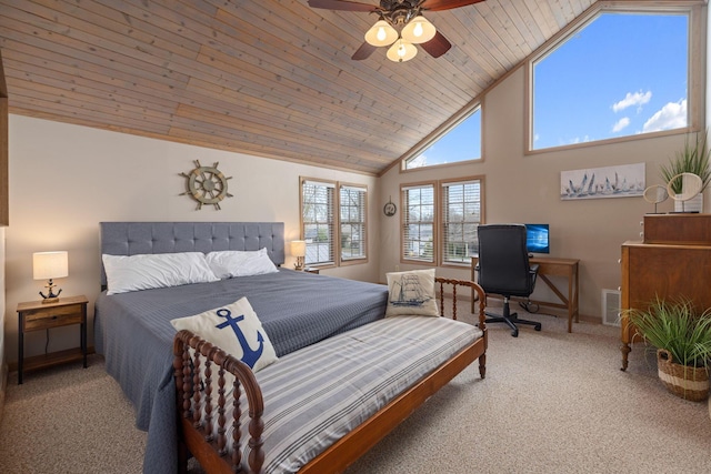 carpeted bedroom featuring high vaulted ceiling, wood ceiling, and ceiling fan
