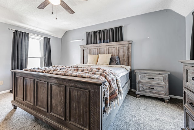 76 Resch St, Kenton, OH 43326 - bedroom with light colored carpet, lofted ceiling, a textured ceiling, baseboards, and a ceiling fan