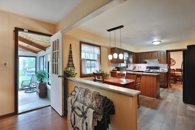 1262 Pepperell Dr, Columbus, OH 43235 - kitchen featuring stove, under cabinet range hood, freestanding refrigerator, wood-type flooring, and a kitchen island