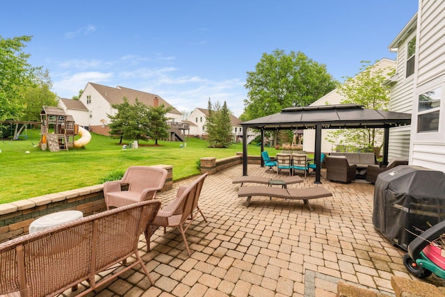 5073 Thornwood Dr, Westerville, OH 43082 - view of patio with outdoor lounge area, a playground, a gazebo, a grill, and a residential view